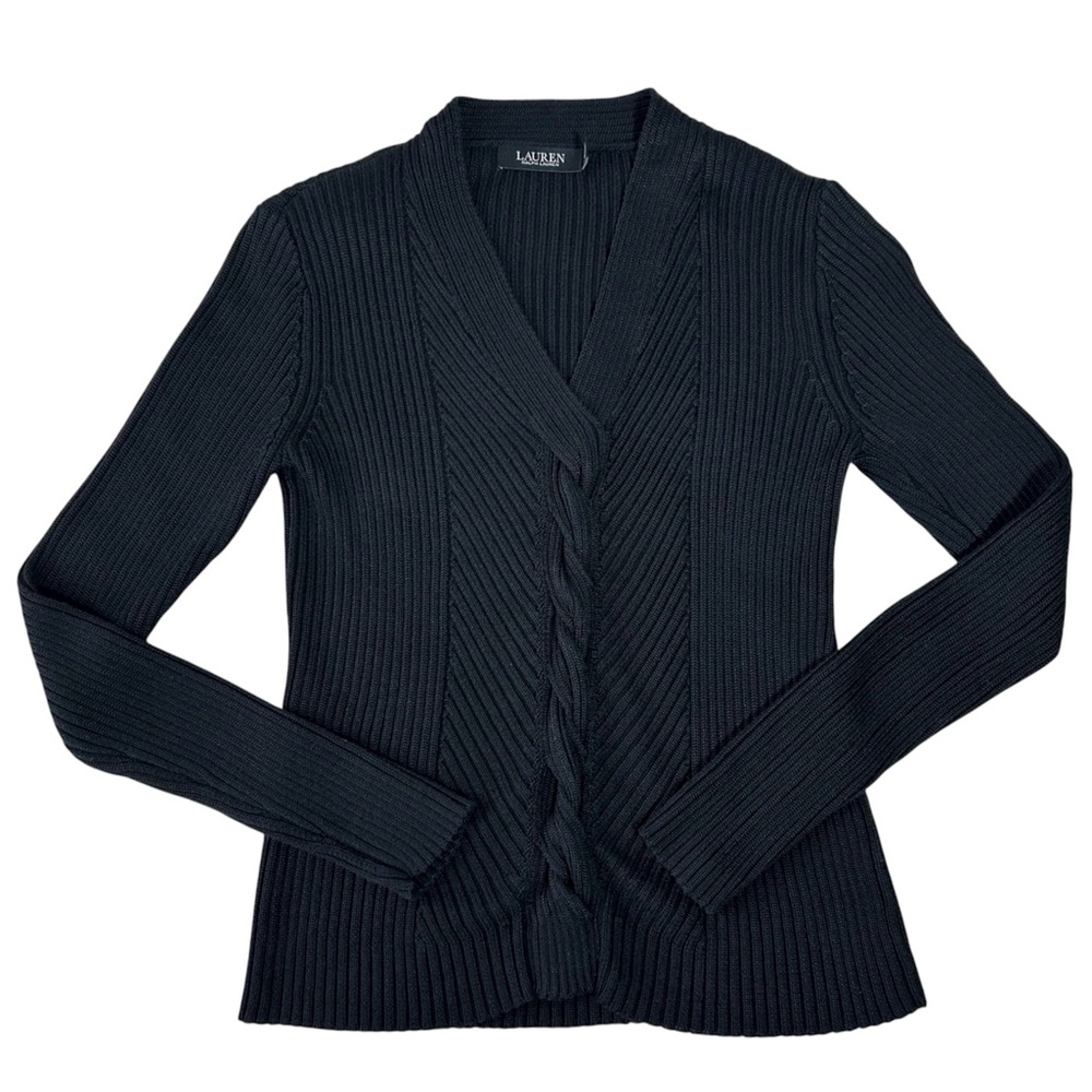 Lauren Ralph Lauren Black Label Fricklie V Neck Black Ribbed Knit Sweater M